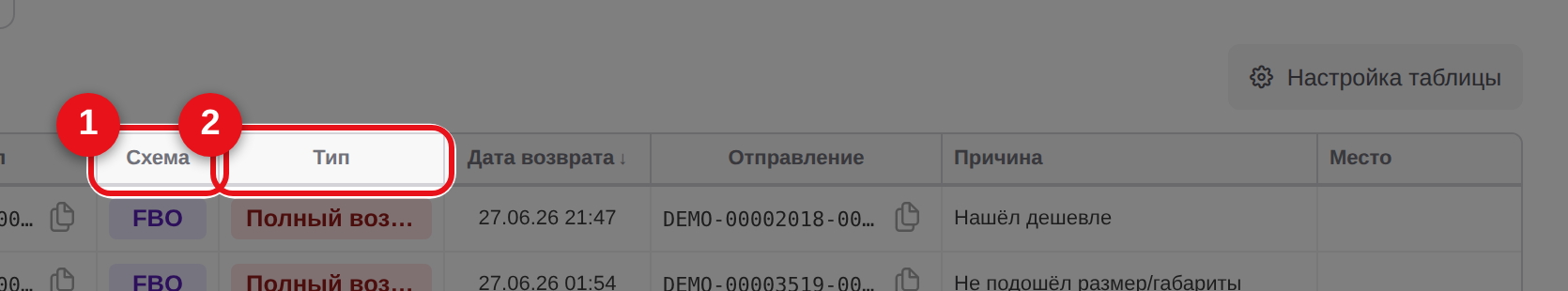 Колонки Схема и Тип