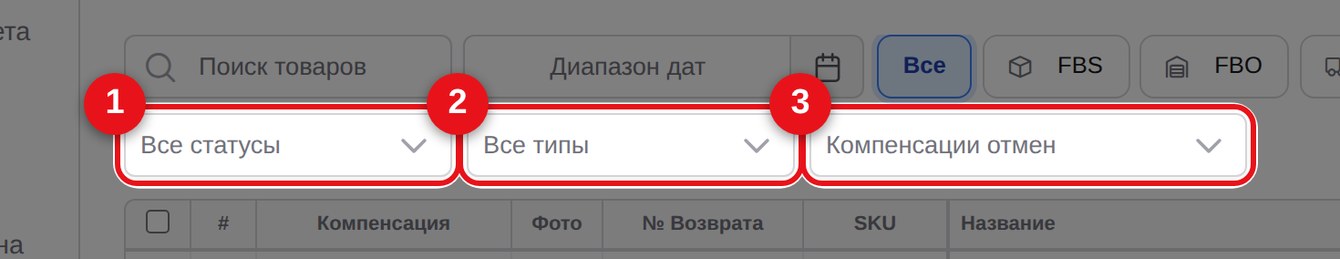 Фильтры статусов, типов и компенсаций